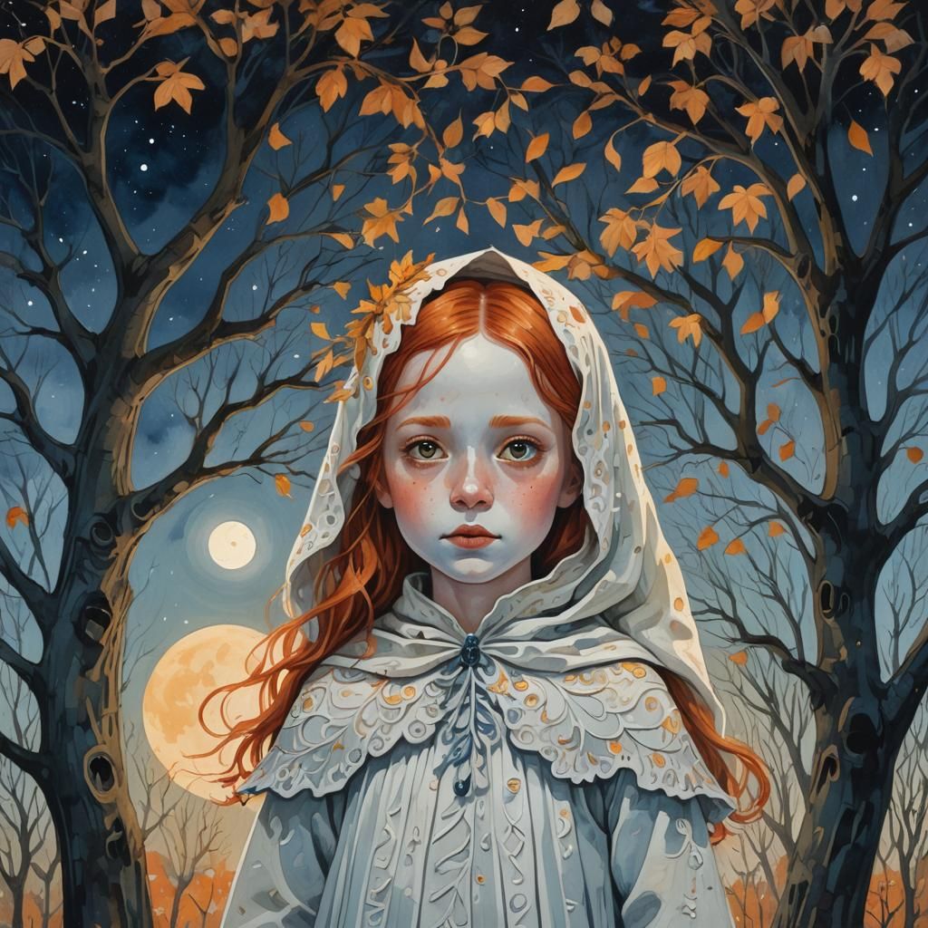 Redhead Girl Ghost in Folk Gouache Painting