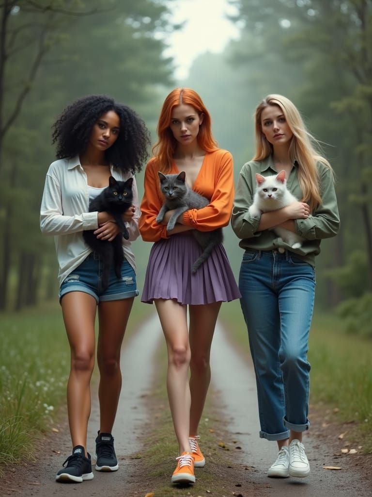 Three Women Stroll through a Dreamlike Forest