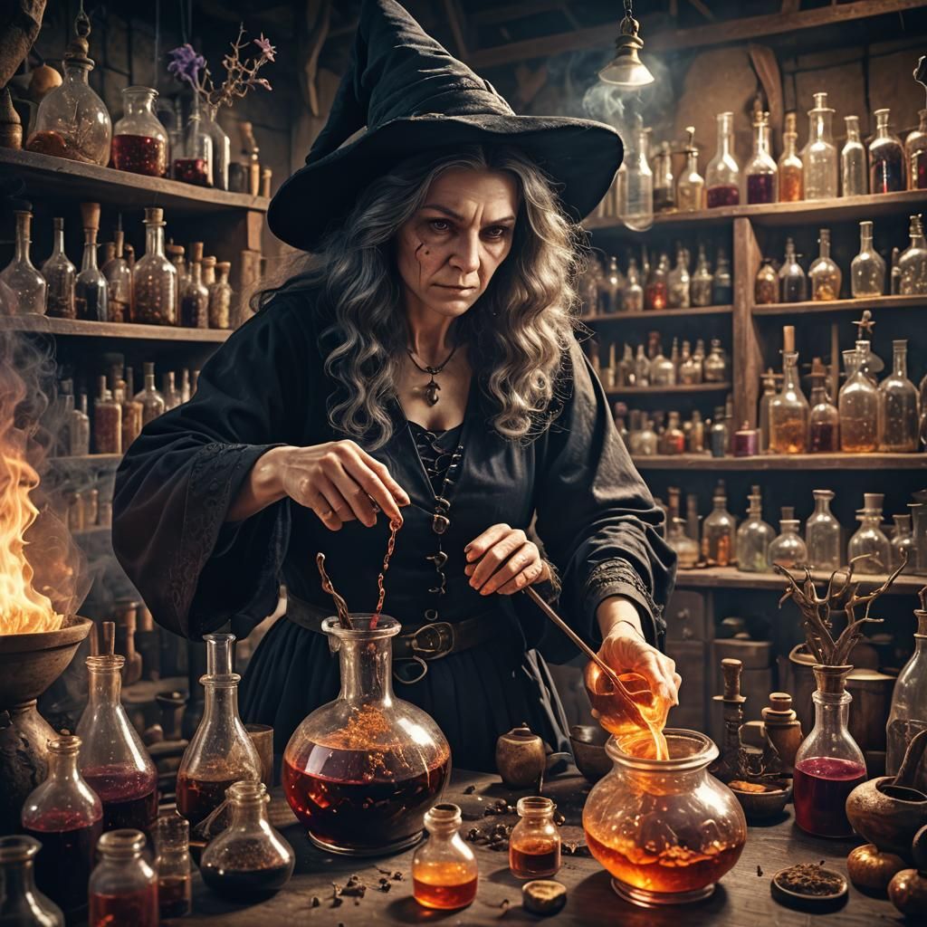 Magical Witch Brews Potion in Laboratory