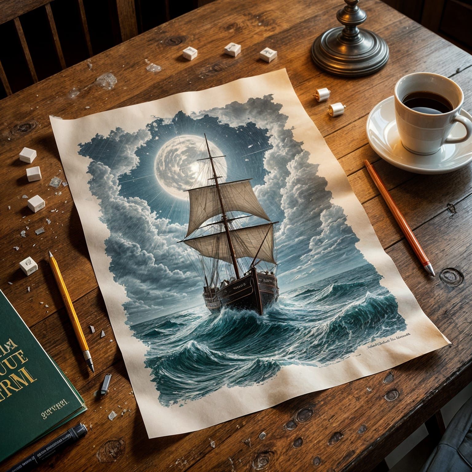 Detailed Pencil Drawing of a Stormy Sea Battle