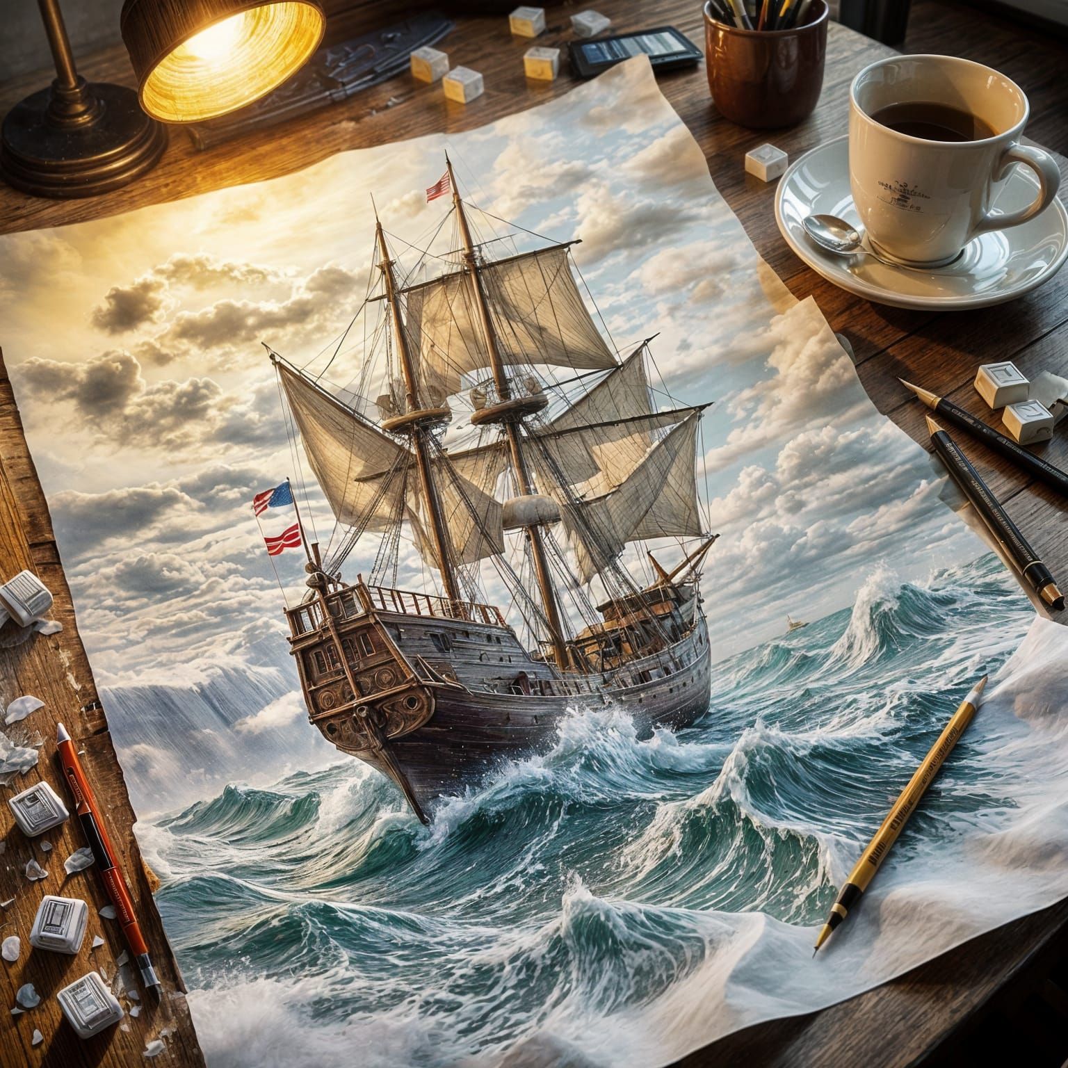 Detailed Pencil Sketch of Ship in Storm