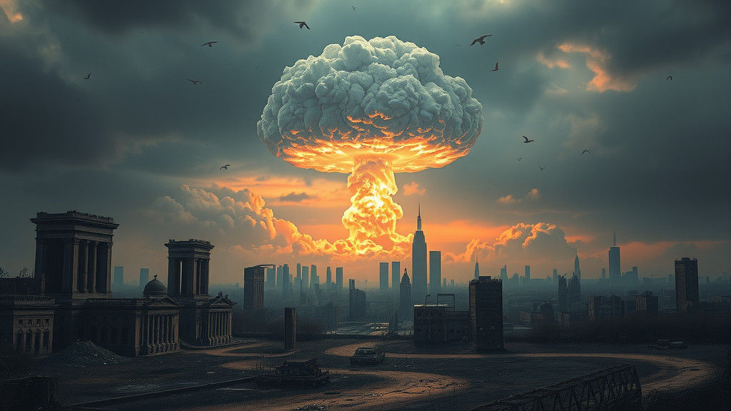 Apocalyptic Wasteland: City Ruins and Mushroom Cloud
