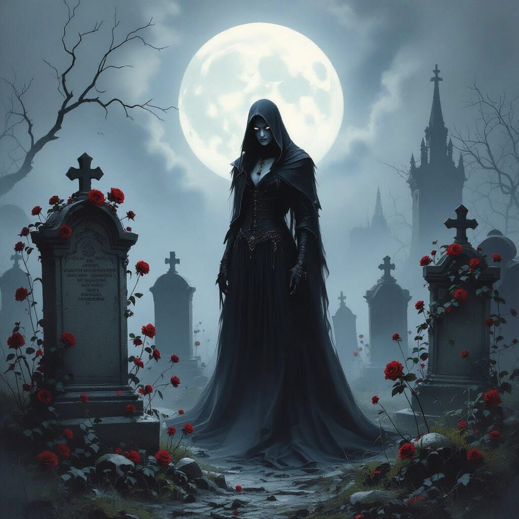 Gothic Figure in Moonlit Graveyard Oil Painting