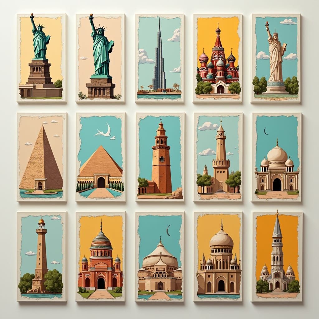 Global Landmarks Collage in Digital Illustration Style