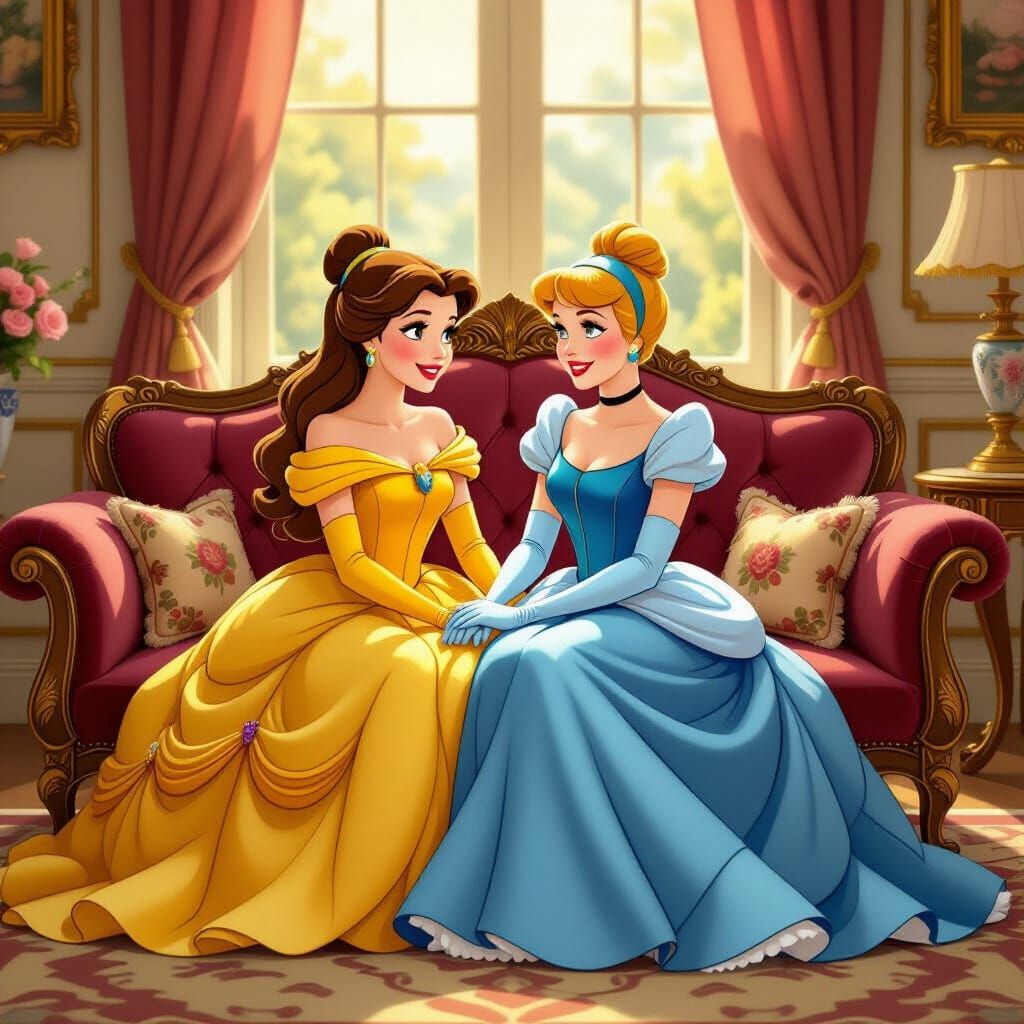 Belle and Cinderella Relaxing on Velvet Couch