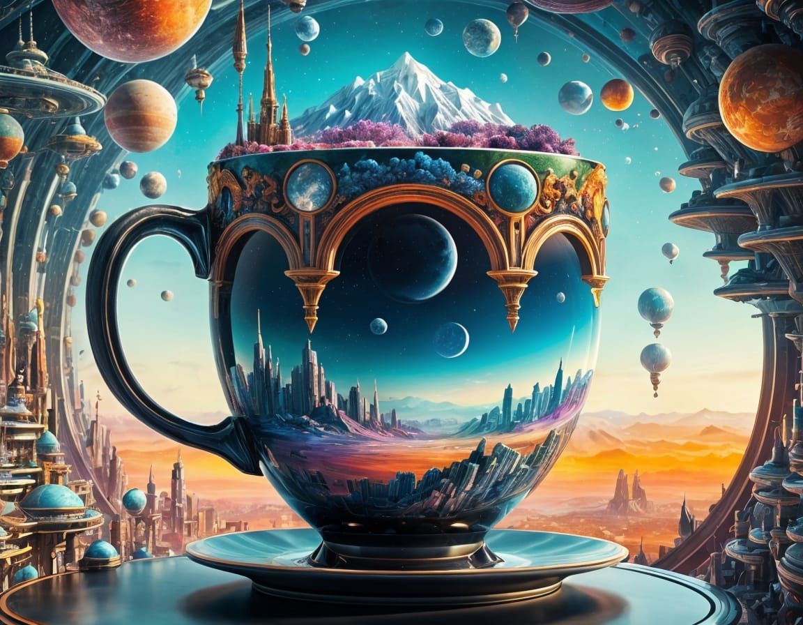 Ethereal Spacescape Arcology in a Cup: Fractal Retrofuturism