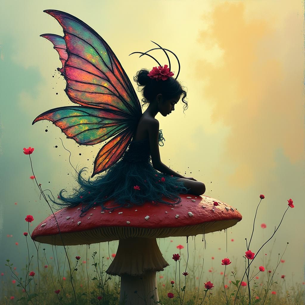 Fairy Silhouette on Mushroom in Tachisme Style