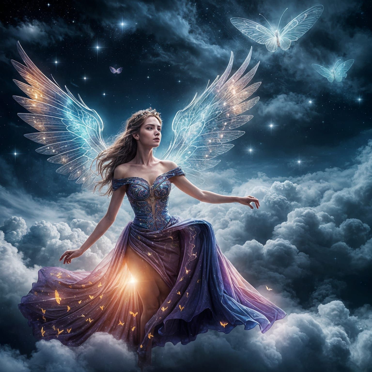 Woman with Butterfly Wings Above Clouds