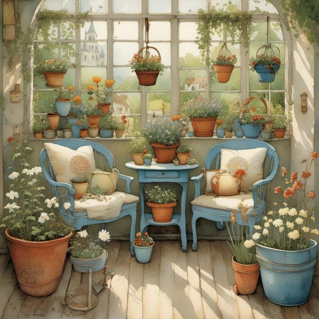 Enchanting Garden Seating Area in Children's Book Style