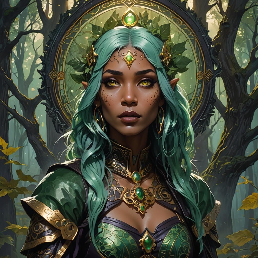 Fantasy Woman with Jade Hair in Dark Forest