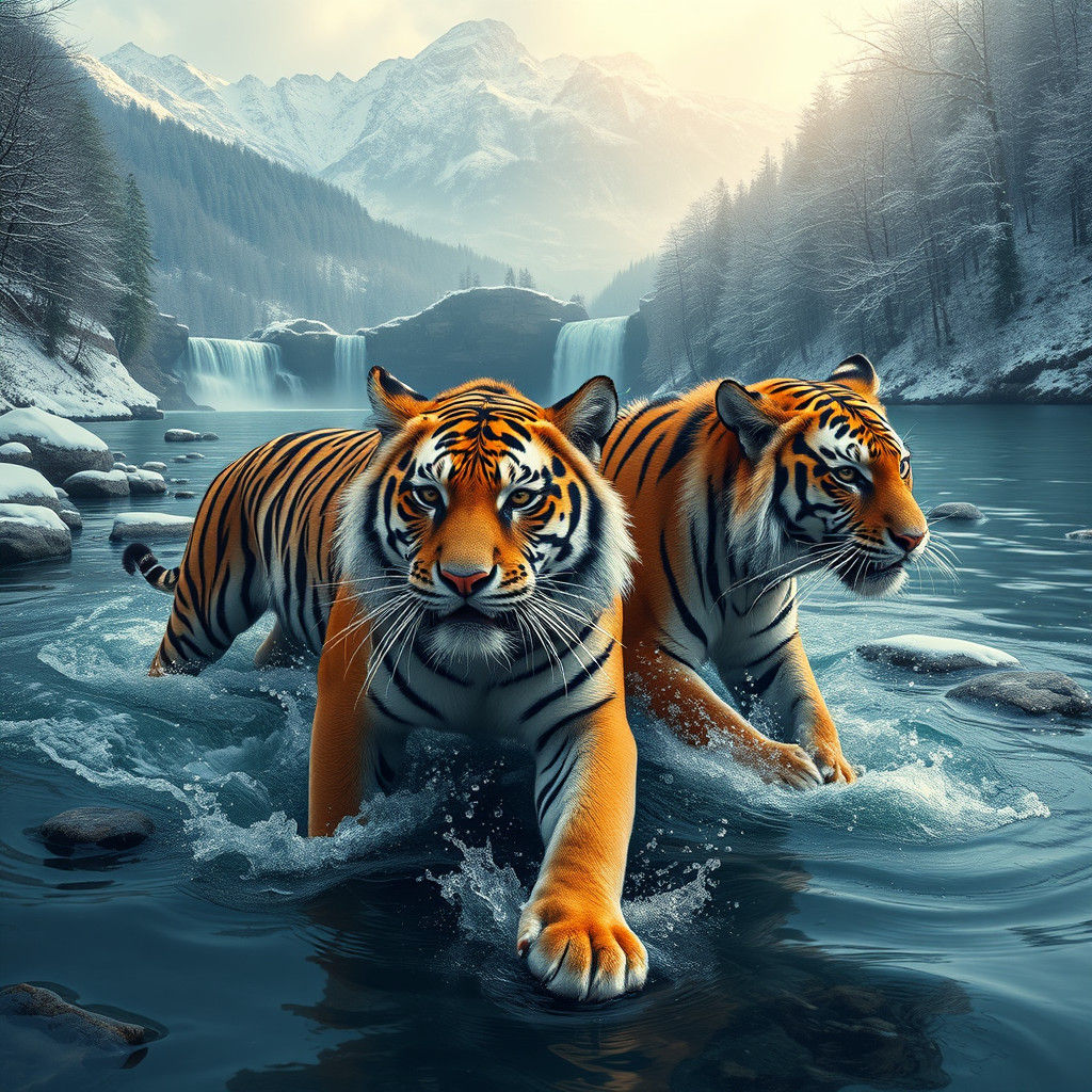 Bengal Tigers Play in Swiss Winter River: Digital Art
