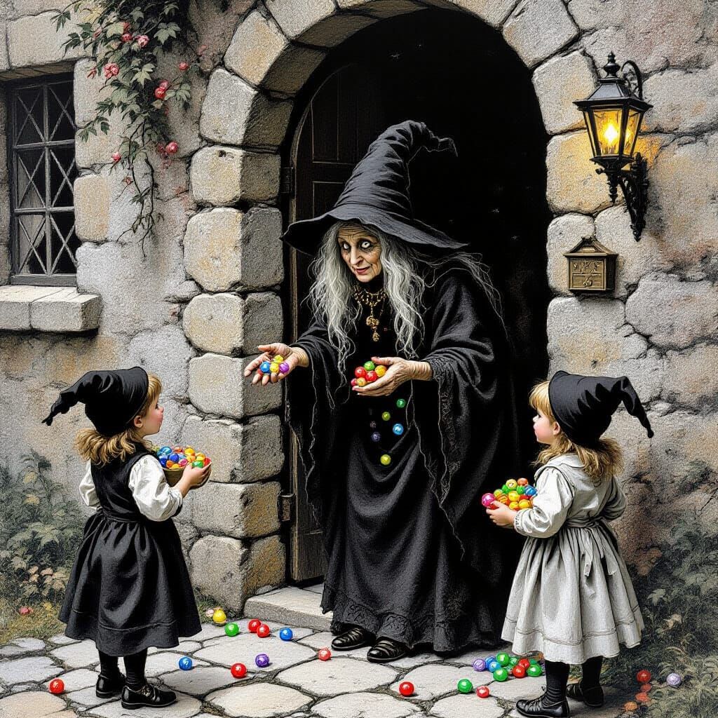Hideous Witch Offers Cursed Candies to Costumed Children