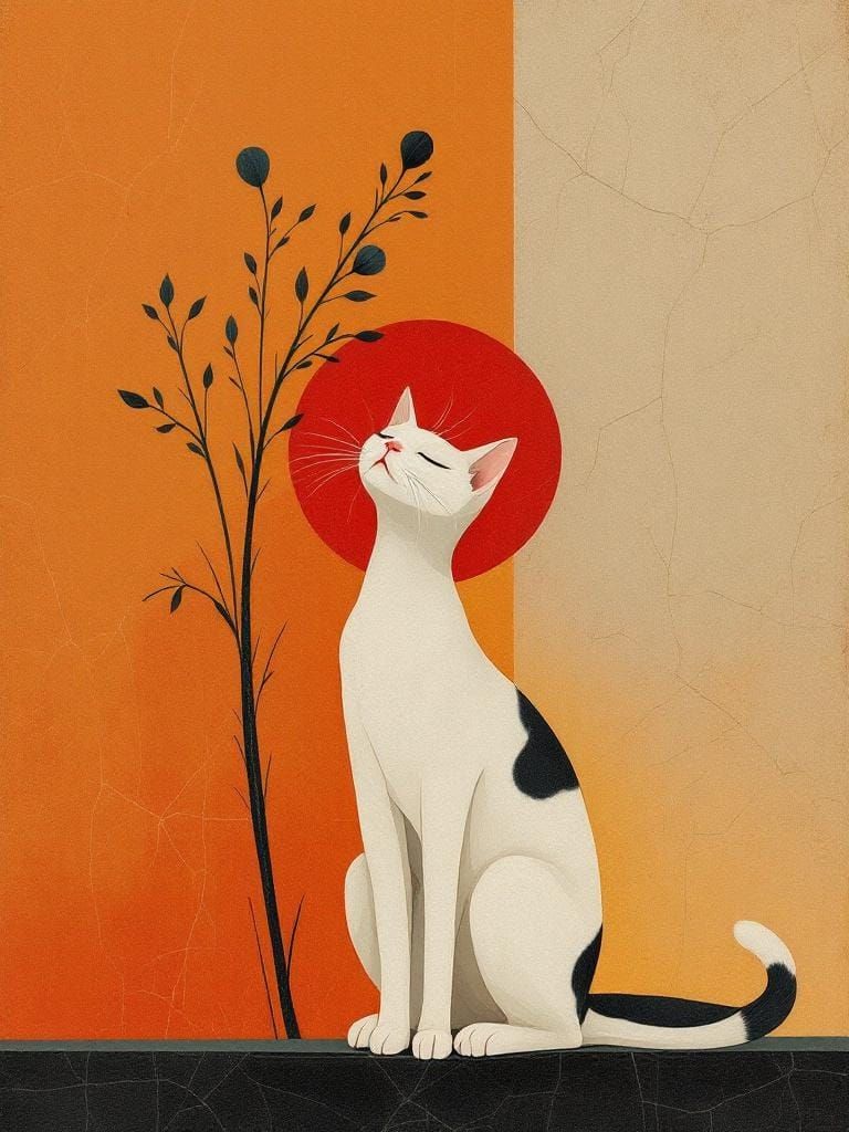 Elegant Cat Under Flower in Geometric Folk Art