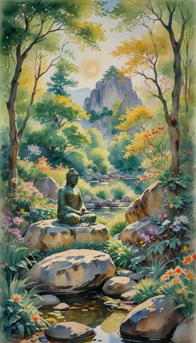 Buddha on Rock in Impressionist Watercolor Style