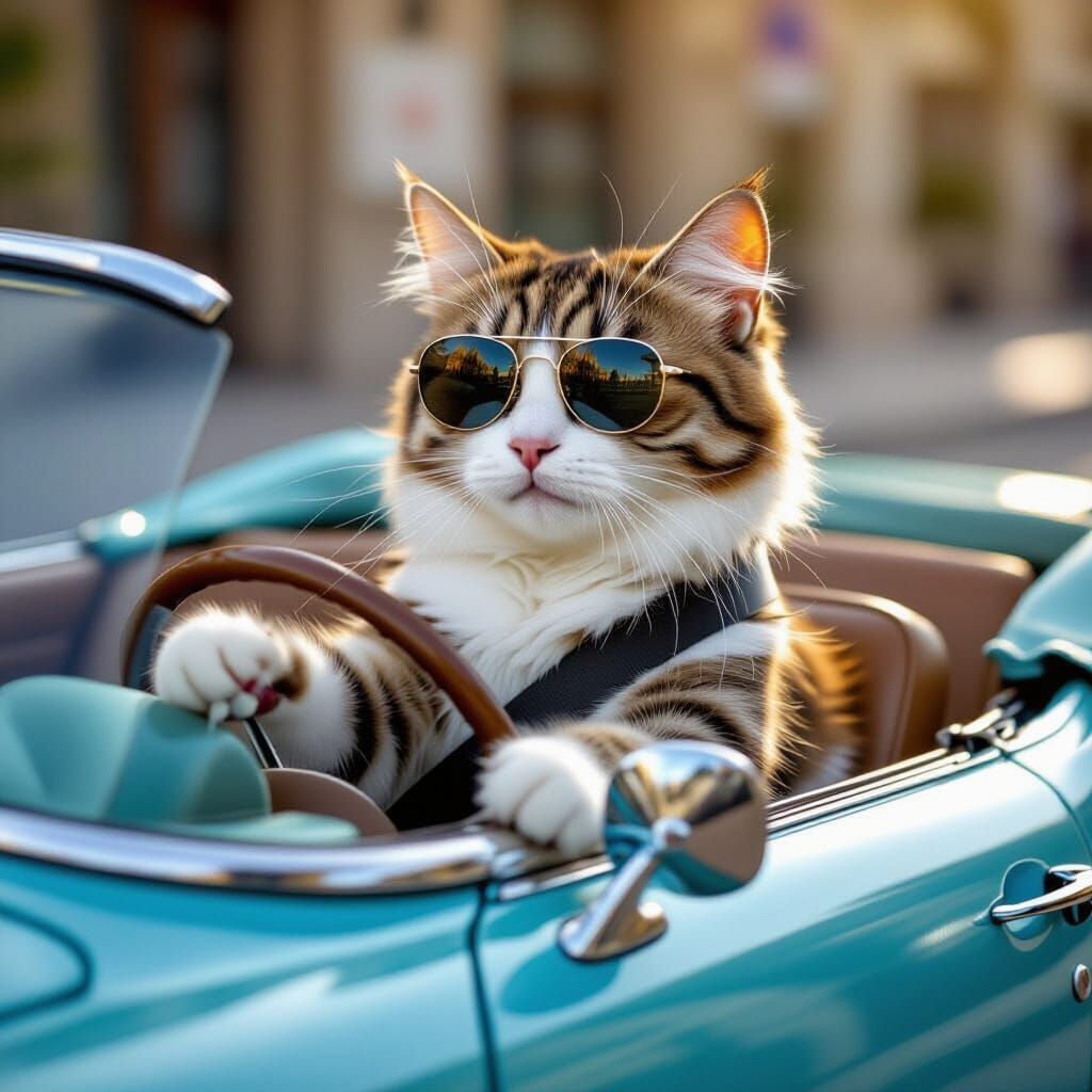 Anthropomorphic Cat Drives a Convertible Car