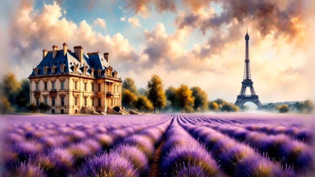 French Villa in Lavender Field with Eiffel Tower