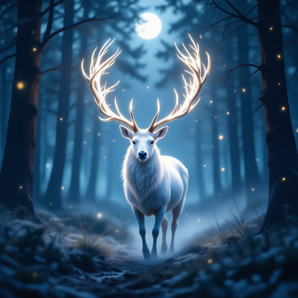 Radiant White Stag in Moonlit Forest