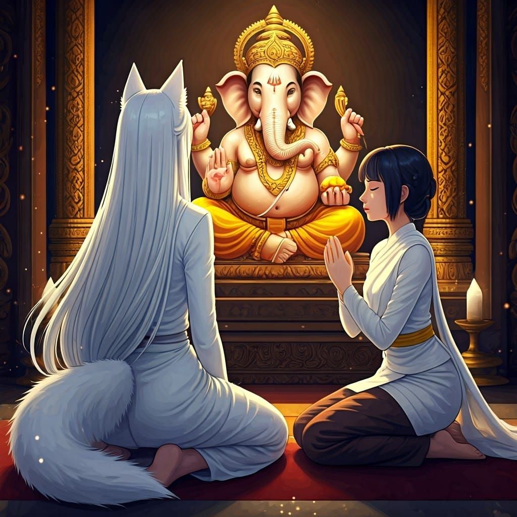 Devotion at Ganesha Temple: Anime Style