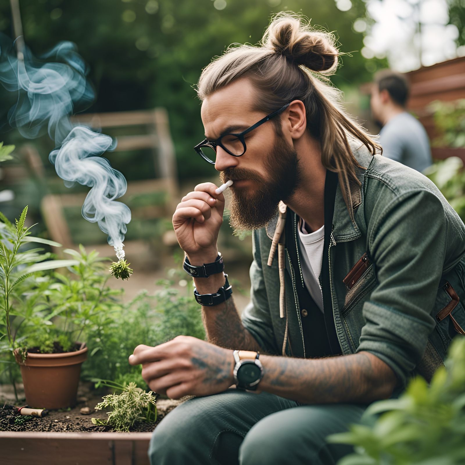 Hipster Smokes in a Community Garden