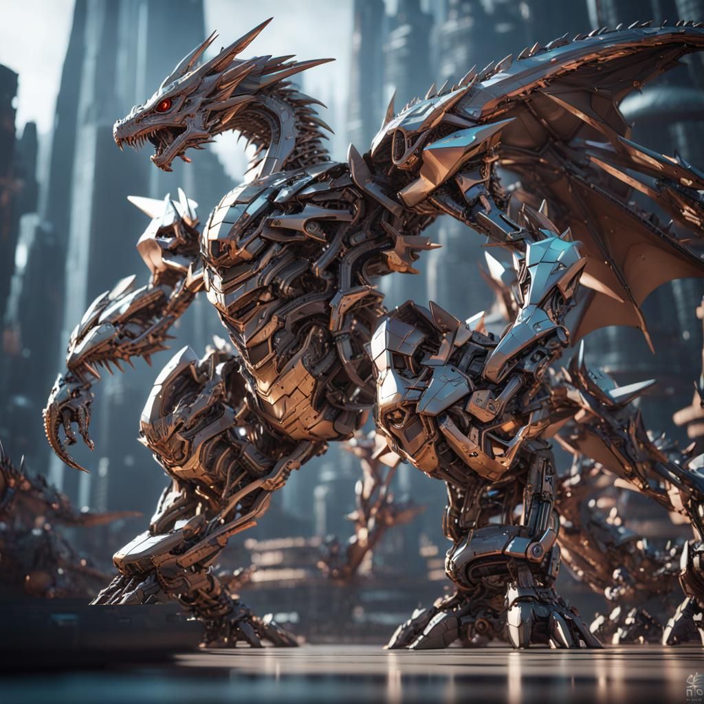 Futuristic Mega Dragon Mech Ground-Level Shot