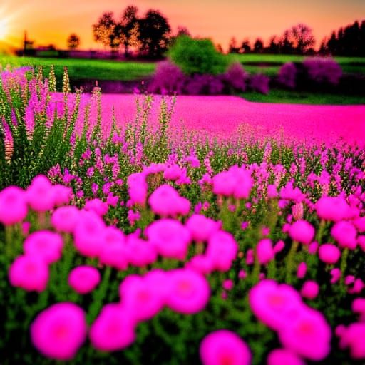 Glowing Pink Flowers in Monochrome Sunset Field
