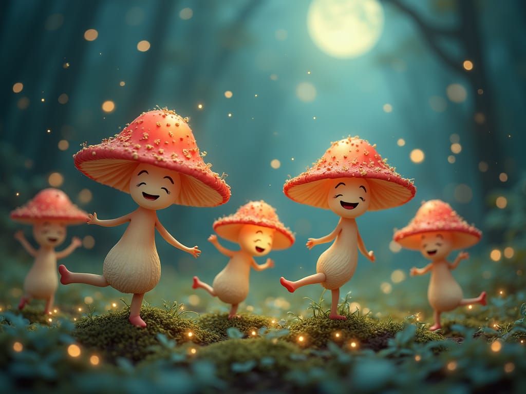 Enchanted Mushroom Dance in Vibrant Fairy Forest