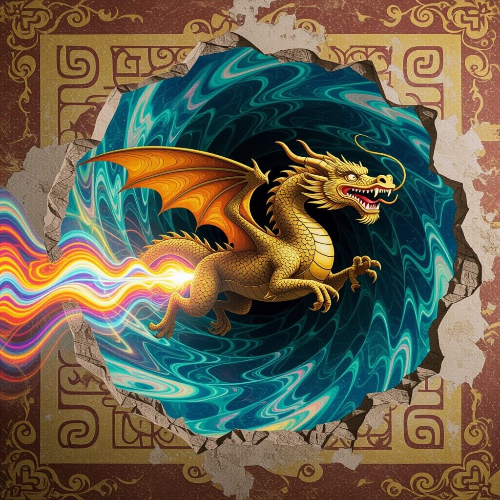 Gilded Dragon in Psychedelic Vortex: Tribal Fresco Art