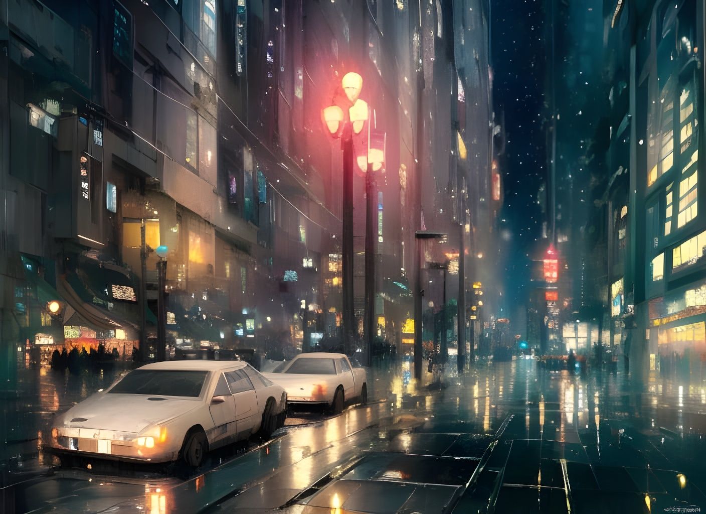 Noir Cityscape at Night in Anime Style