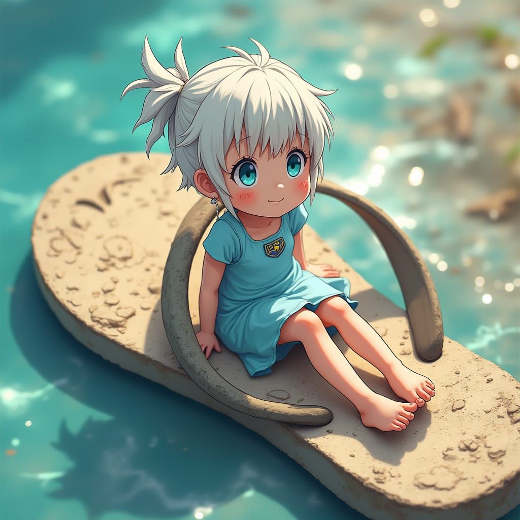 Tiny Anime Girl Amidst a Giant Flip-Flop