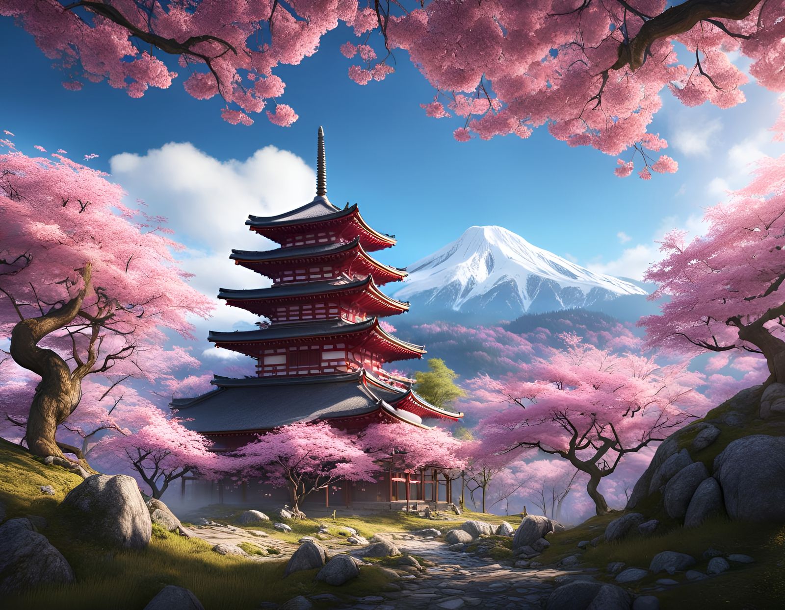 Mount Yoshino Sakura in Full Bloom: Cinematic Digital Painti...