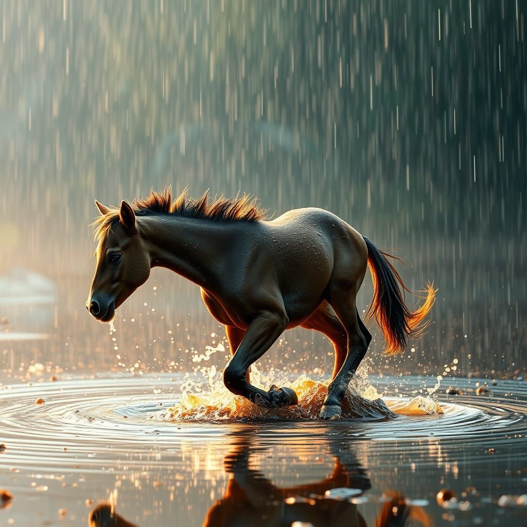 Magical Foal in Whimsical Rainy Scene