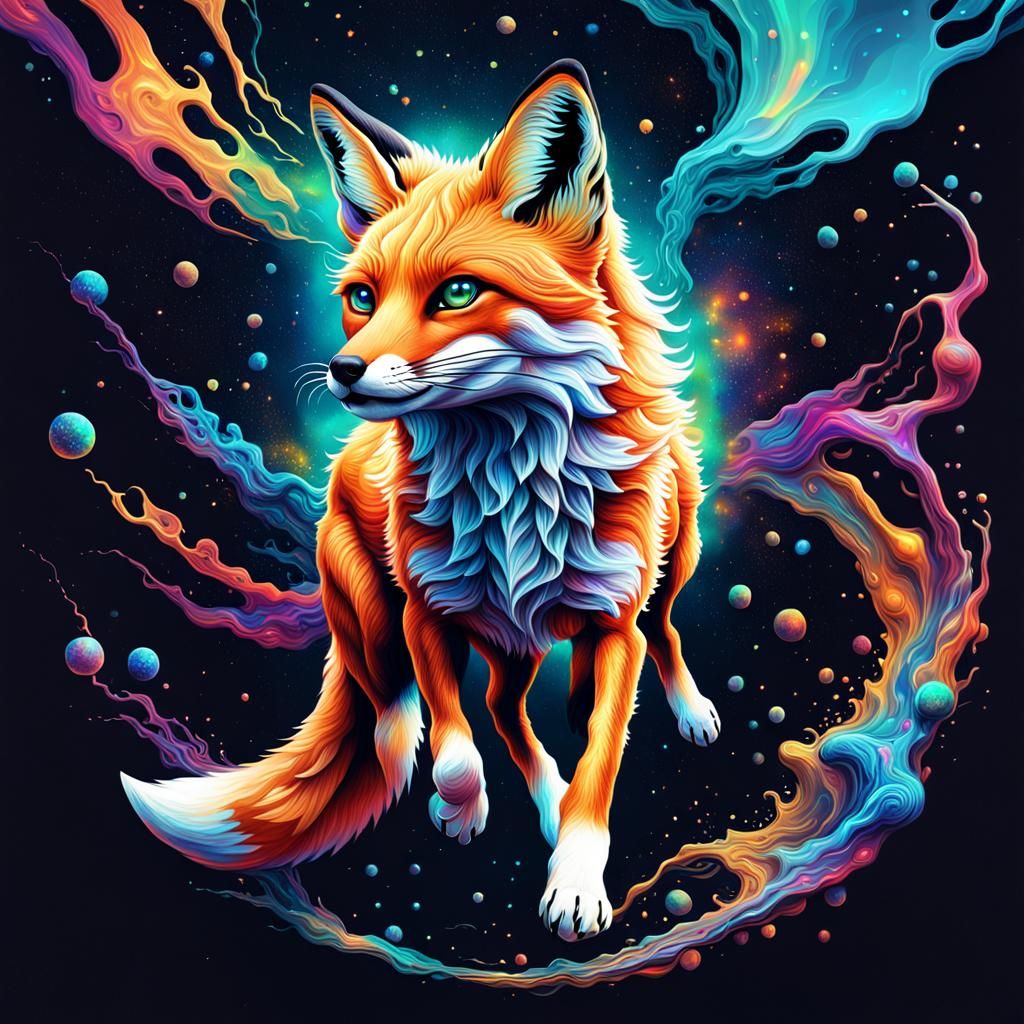 Cosmic Fox on the Run: Surrealist Illustration