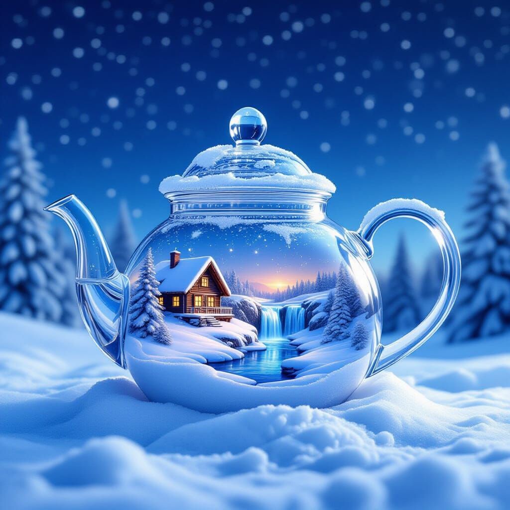 Crystal Teapot Holds Winter Scene in Hyper-Realistic Digital...