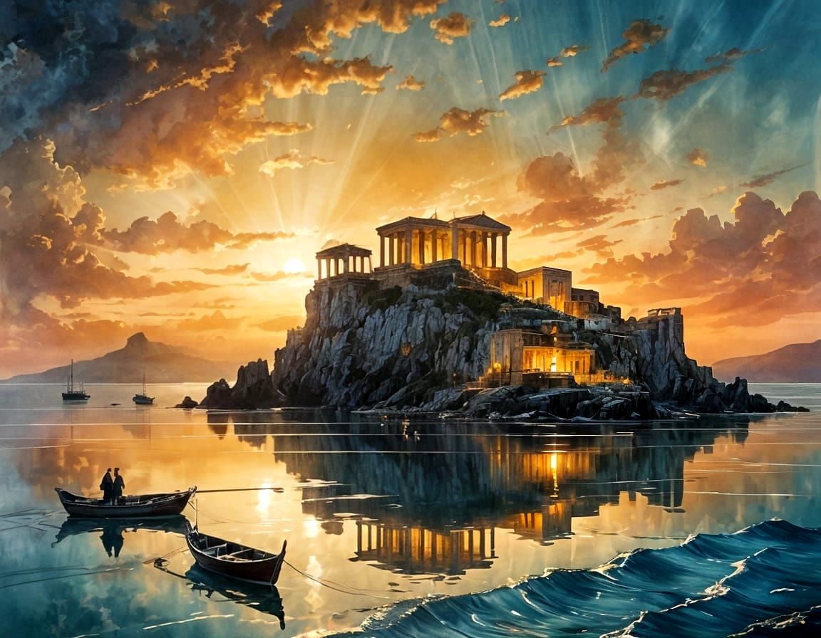 Shining Greek Temple on Golden Dawn Horizon