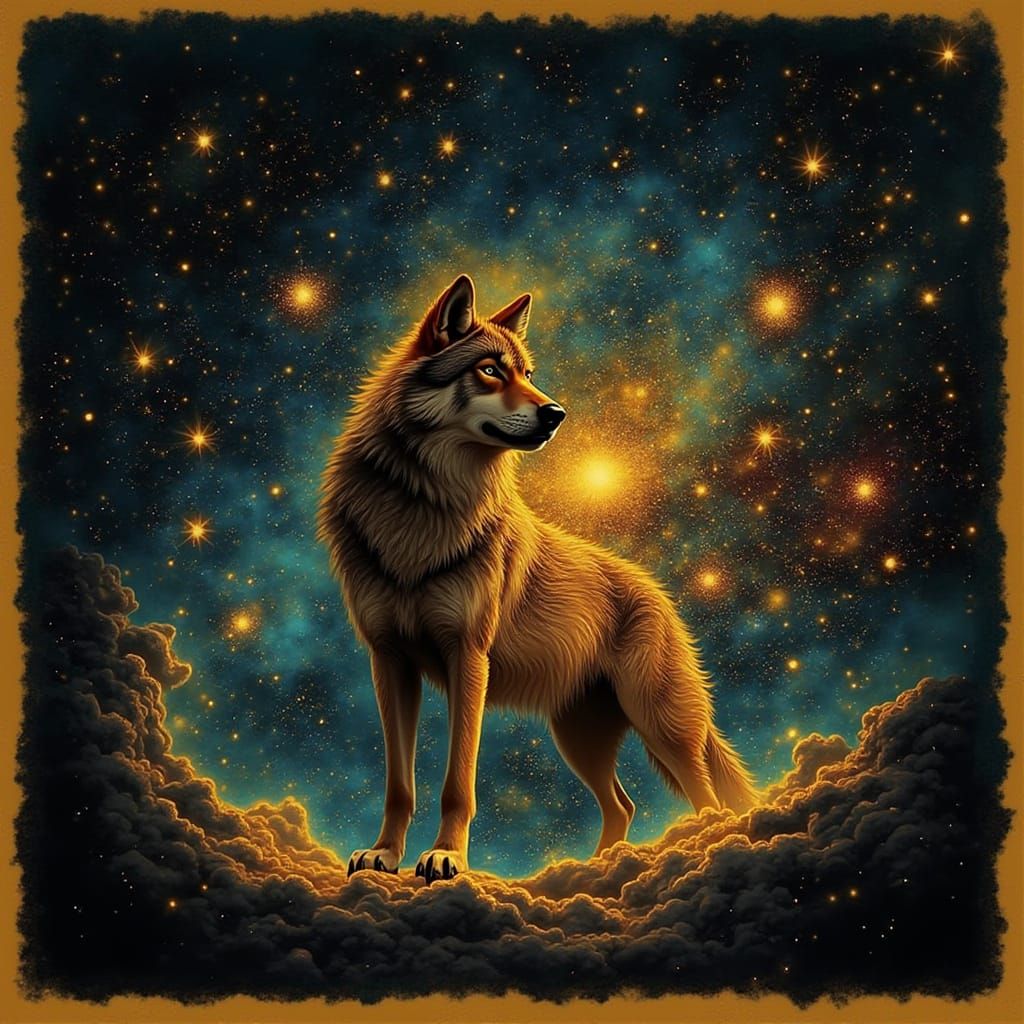 Hyperrealistic Wolf in Psychedelic Cosmic Nebula
