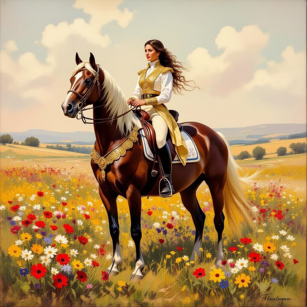 Arabian Mare in Wildflower Field: Oil Painting