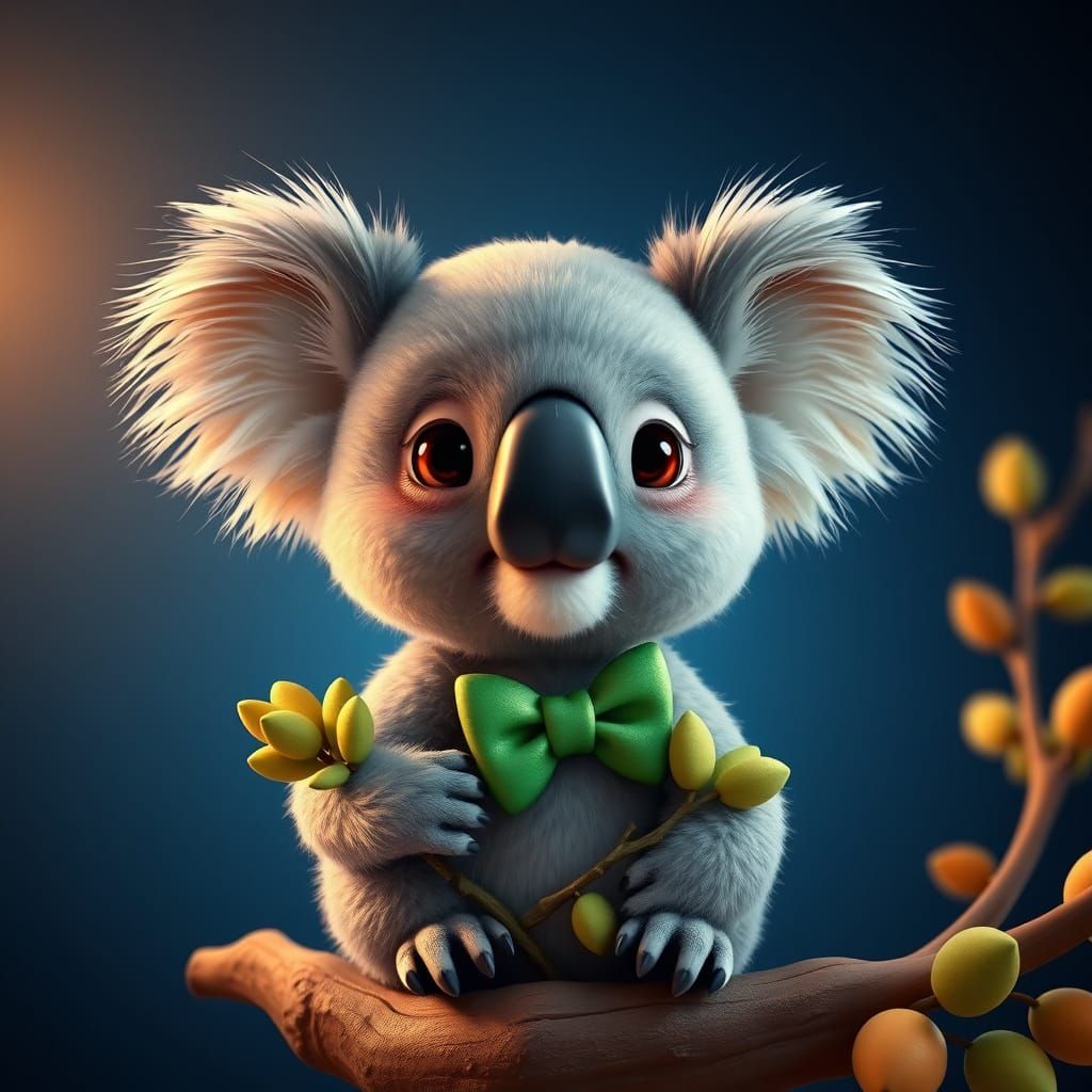 Regal Chibi Baby Koala in Vibrant Green Attire