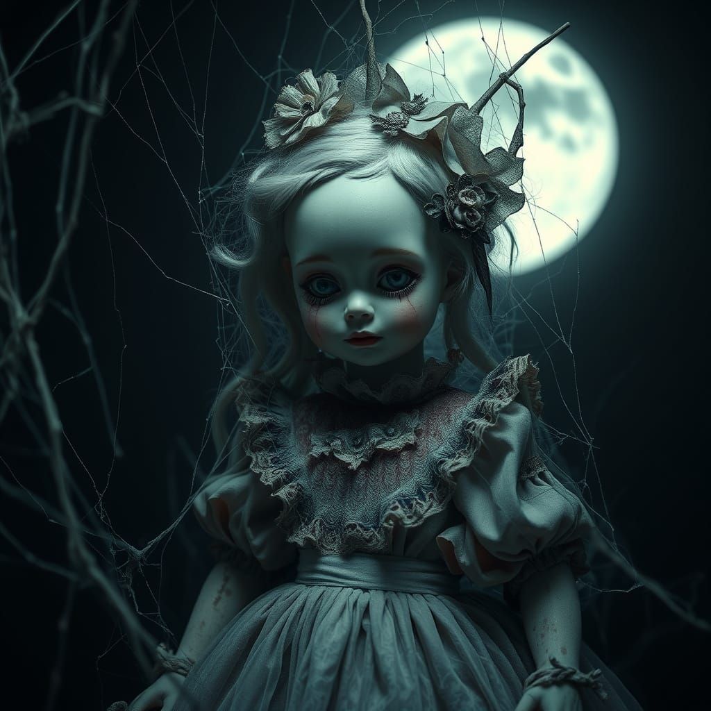Eerie Porcelain Doll in Victorian Dress, Digital Art