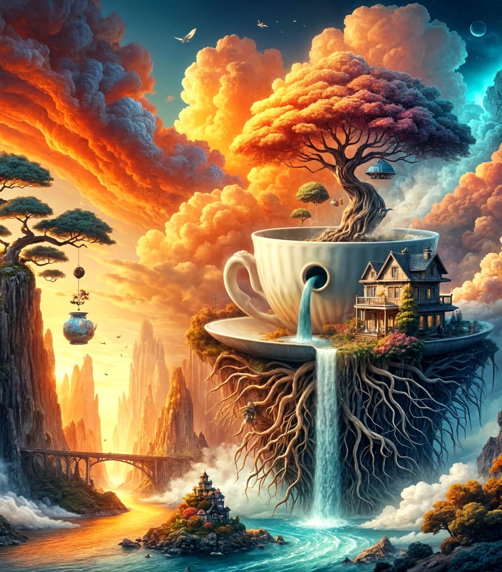 Vibrant Fantasy Landscape with Whimsical Tea Cottage