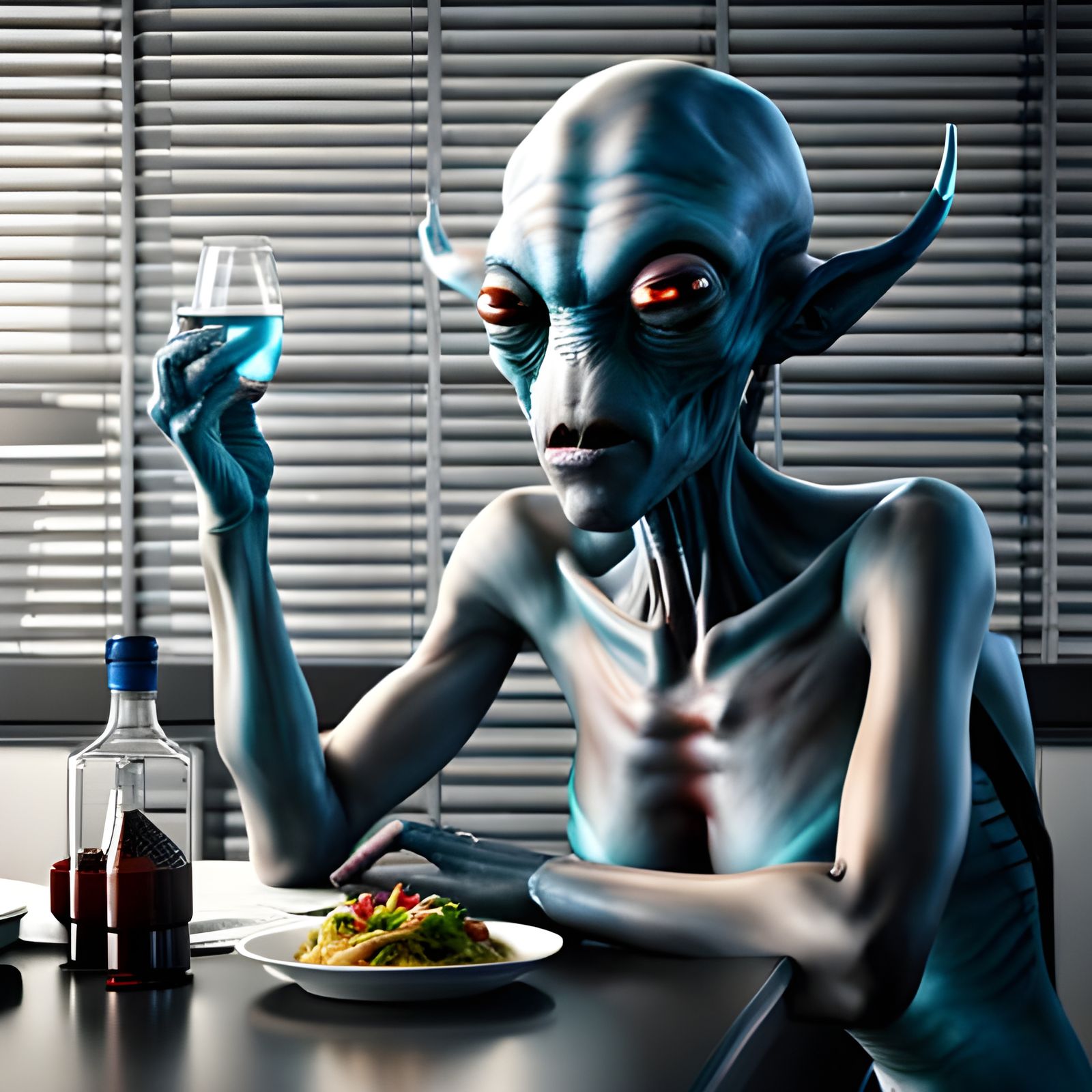 Alien Dinner: Candid Photo of Scientist and Blue-Skinned Ali...