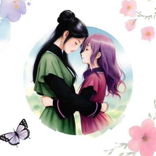 Whimsical Watercolor Manga Girls in a Lush Garden