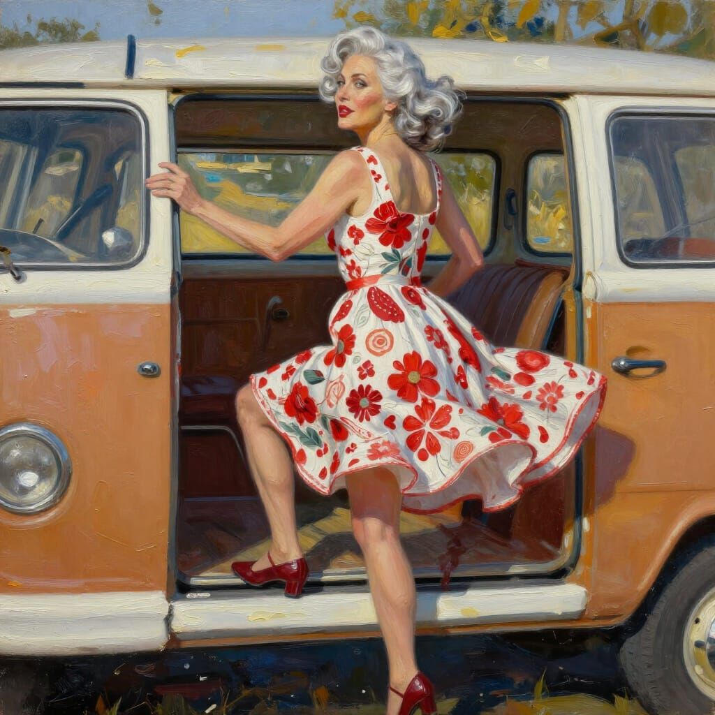 Voluptuous Woman Enters Vintage Van as Impasto Oil Painting