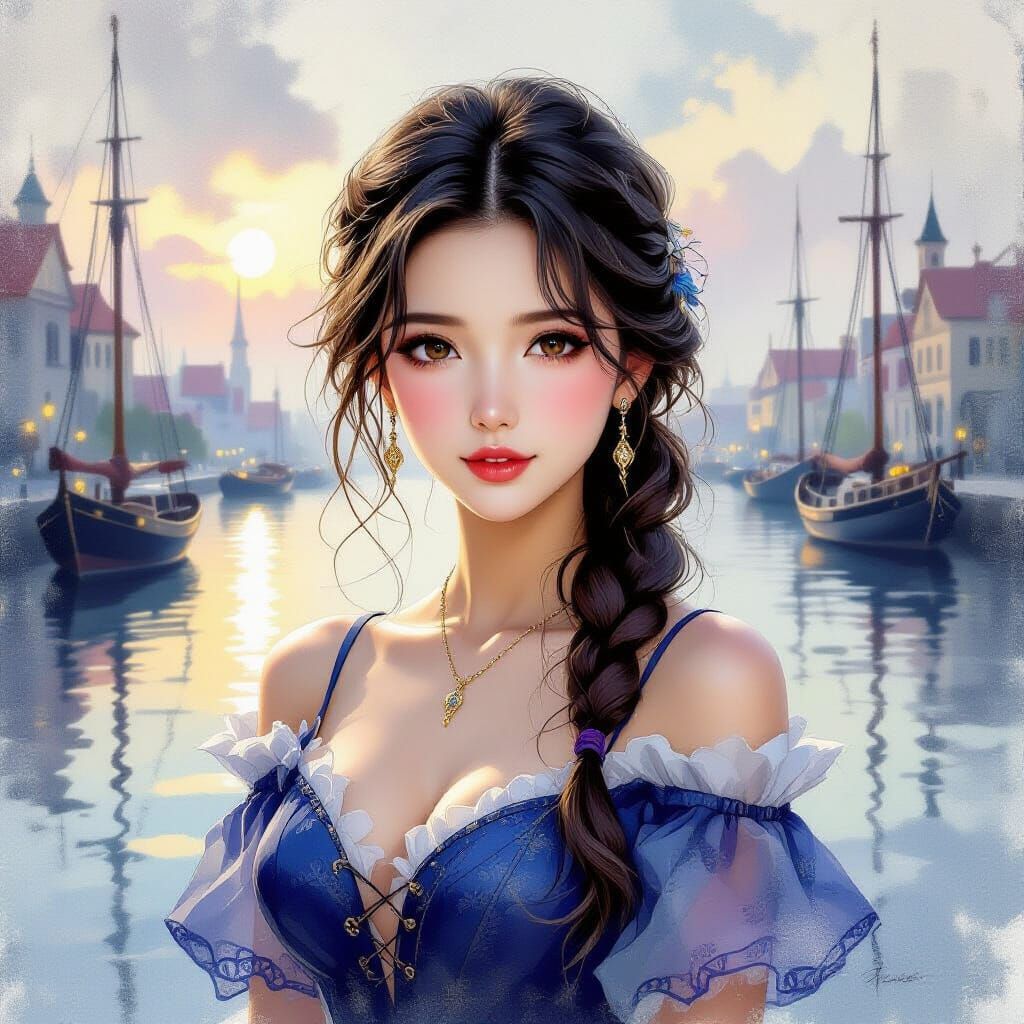 Anime Woman in Harbor, Ethereal Fantasy Art