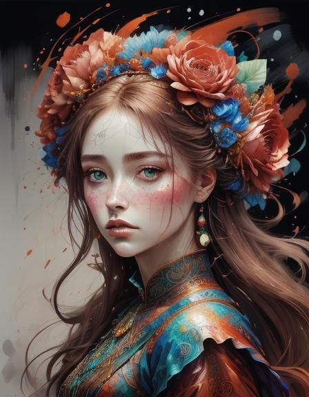 Detailed Fractal Art with Red Flowers