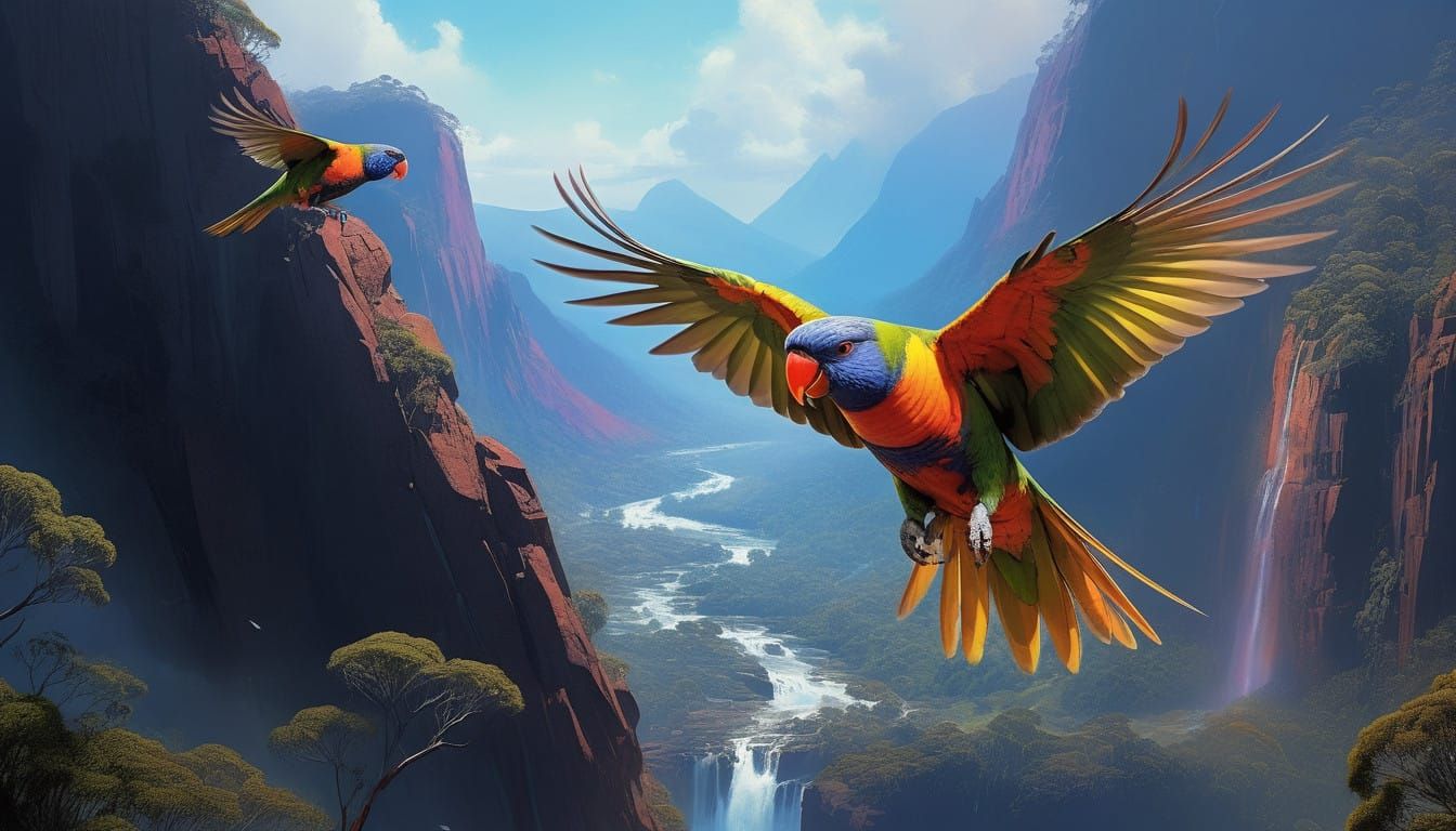 Vibrant Australian Landscape with Rainbow Lorikeets in Fligh...