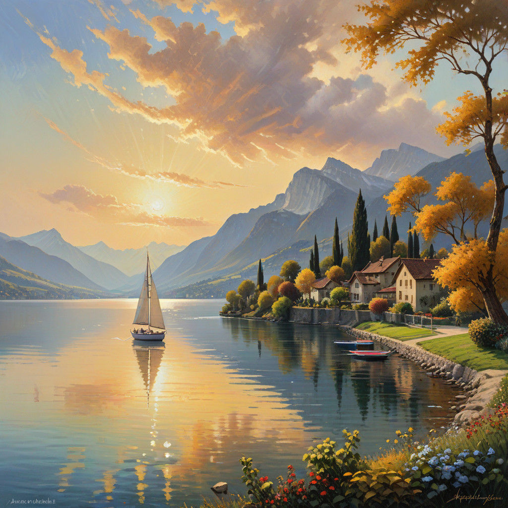 Serene Lake Geneva in Dreamy Oil Painting Style