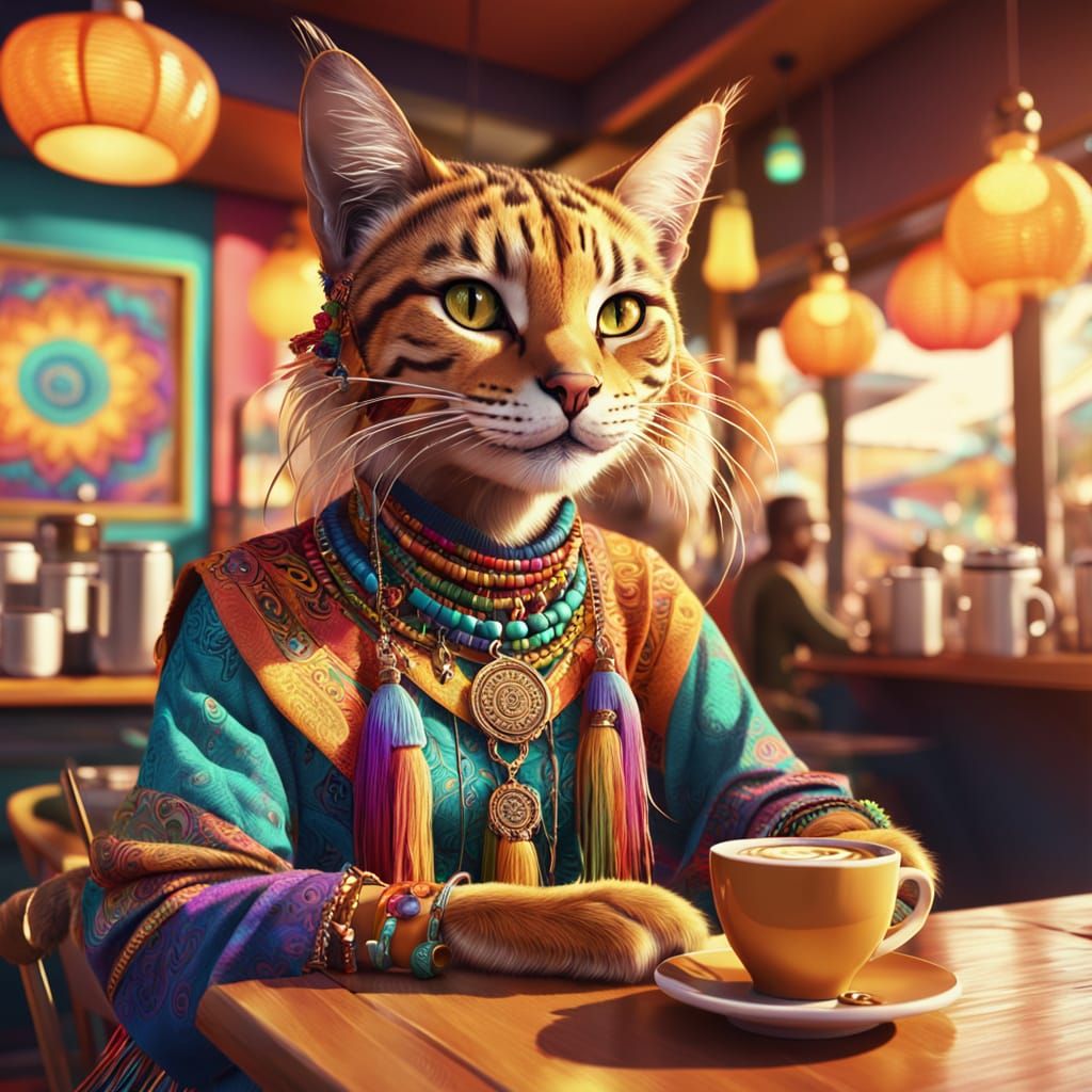 Smiling Tabaxi in Boho Chic Style at Coffee Shop