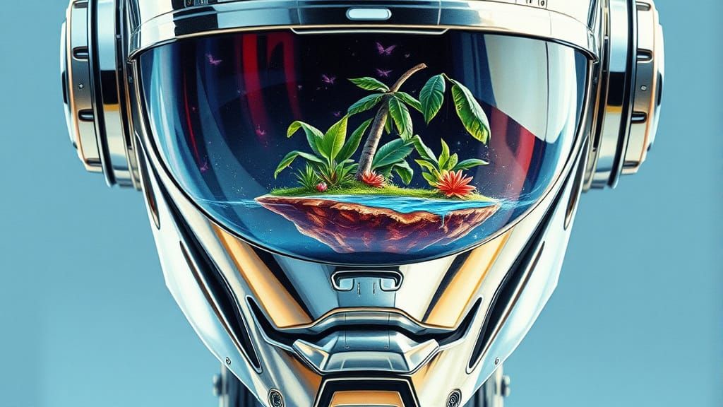 Cyberpunk Robot with Botanical Island in Watercolor Style