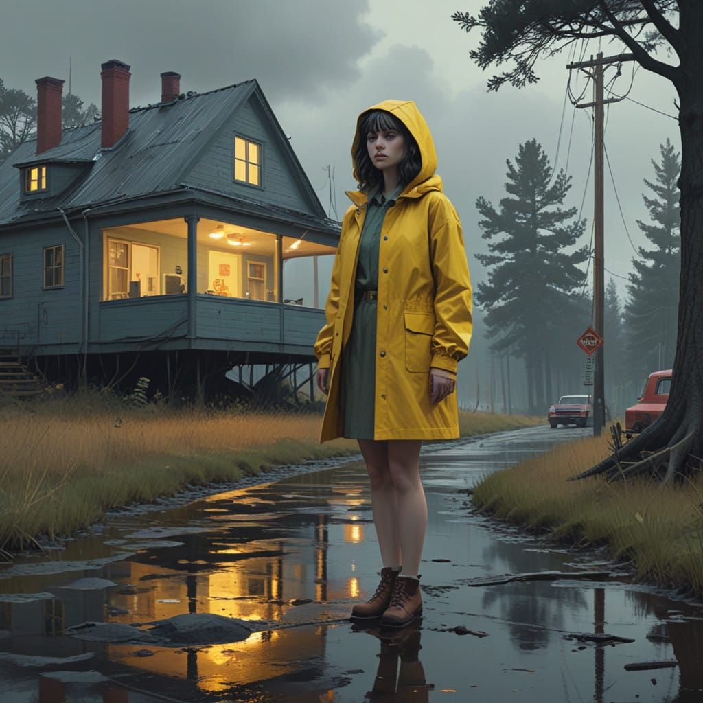 Surreal Girl in Yellow Raincoat, Inspired by Lynch and Burto...