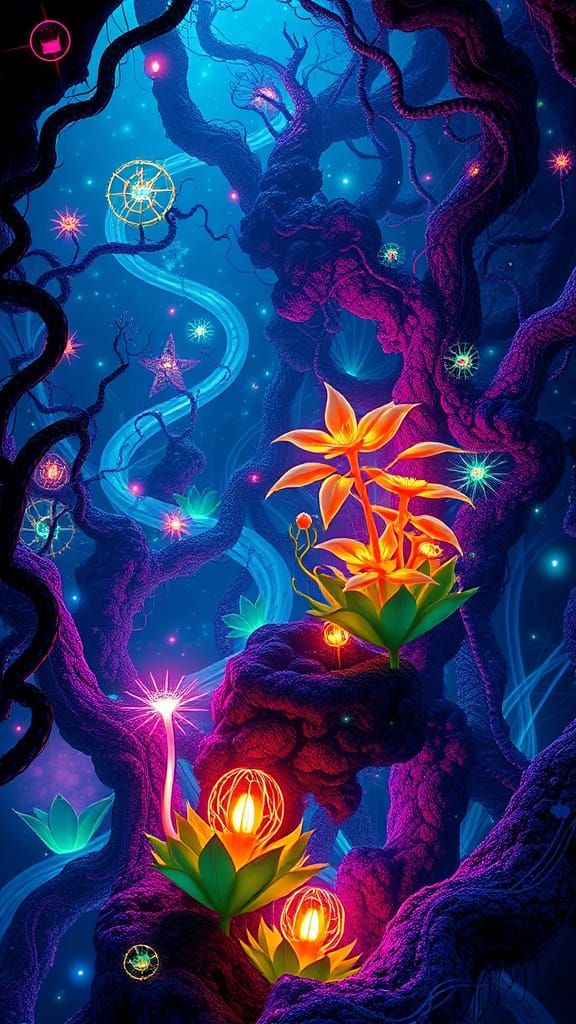 Bioluminescent Quantum Garden in Cyberpunk Fractal Forest